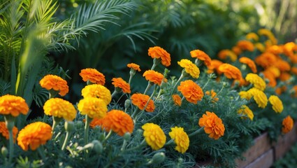 Companion planting: Marigold flowers cultivated near carrot plants to attract hoverflies that will prey on carrot flies and safeguard the carrots.