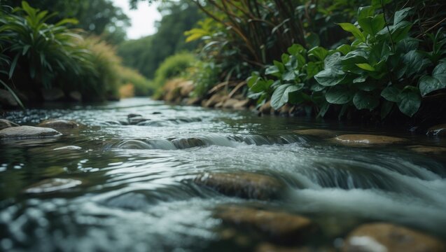 A tranquil stream flowing over rocks, encircled by lush green plants. The transparent water and natural environment evoke a peaceful, refreshing atmosphere, embodying the serenity of nature.