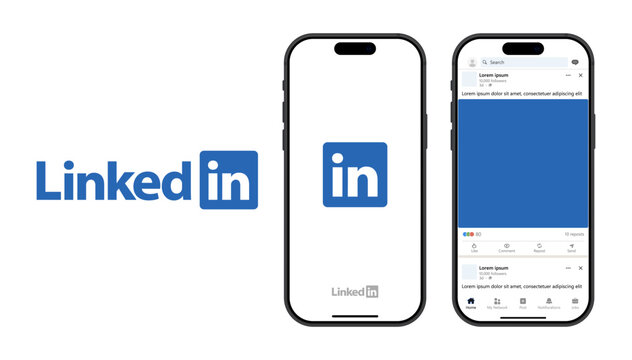 LinkedIn social media app template. iPhone with LinkedIn mockup, LinkedIn template screen frame with shadow on dark and light color mode, User Interface mockup template. Smartphone. Vector