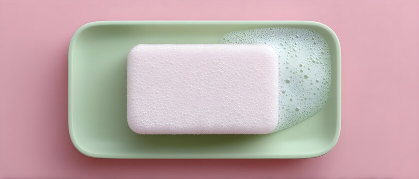 Soft pink sponge with bubbles on a green tray