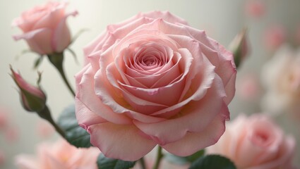 Close-up of a delicate pink rose, natural background, texture. Fully bloomed pink rose with velvety petals in gentle focus. Theme of romance, beauty, and everlasting elegance
