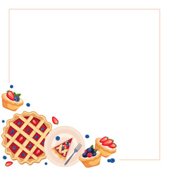 Vector frame with berry pie slice and cupcakes on plate with fork –raspberry, blueberry, blackberry, strawberry – white background with empty space for text. Perfect for ads, packaging and holiday 