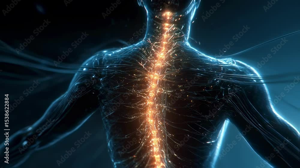 Poster medical visualization revealing glowing energy pathways traversing human spinal cord and intricate n