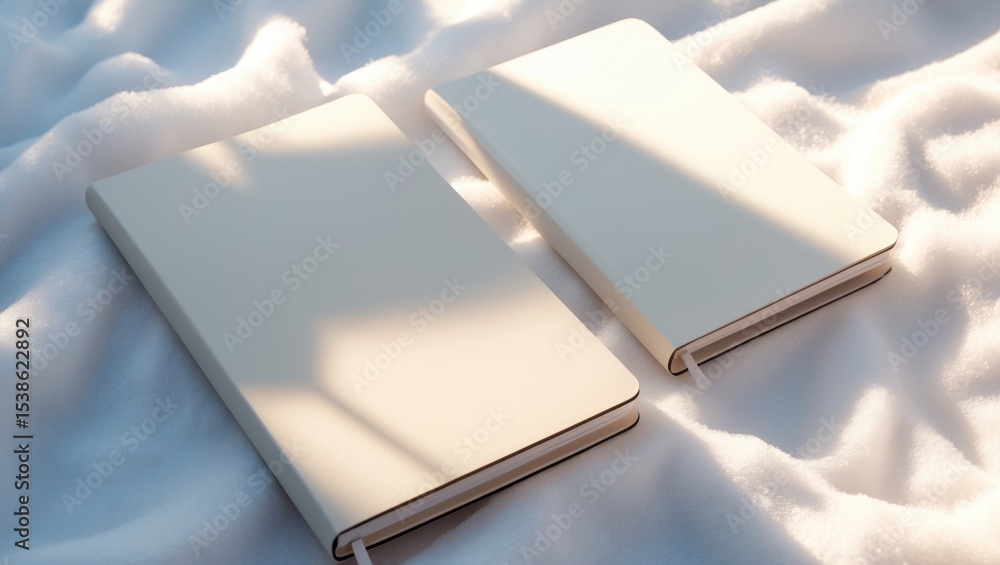 Poster design concept - top view of an open and closed white notebook with elastic band, blank page isolate
