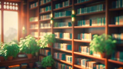 Blurred background of a tranquil library with shelves loaded with books, vibrant green plants, and warm sunlight establishing a relaxing reading nook ambiance.