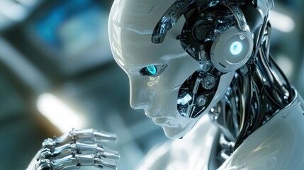 Advanced humanoid robot contemplating a complex task with intricate metallic details
