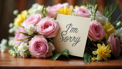 Bouquet of pastel flowers wrapped in blue paper with a pink apology card stating I'm sorry. Gentle sunlight accentuates the delicate petals. Concept of apology, forgiveness, and heartfelt emotions