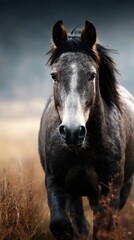 Majestic horse galloping through golden grass under a dramatic sky during late afternoon light