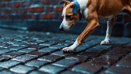 Close-up of a ginger and white dog in motion walking on a wet road, emphasizing textures, patterns, and urban daily life. Top partial view of a dog stepping on wet herringbone brick pavement.