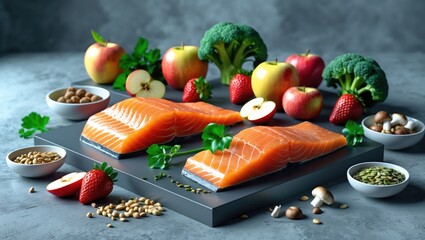 Healthy food for heart health and human organism. Selection of clean eating in a wooden box, including fish, superfoods, fruits and berries, nuts, and vegetables.