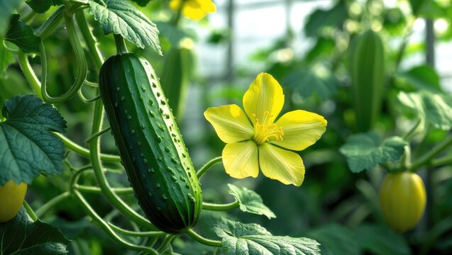 Cucumis sativus or cucumber, a green fresh cylindrical fruit accompanied by a yellow flower, shown in close-up. Cucumber is a commonly cultivated creeping vine plant utilized as a culinary vegetable.
