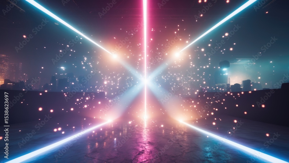 Poster empty background scene with dark street reflection on the flyer background. neon rays of light in da