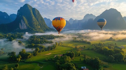 flying hot air balloon over river at Vang Vieng, Laos. 