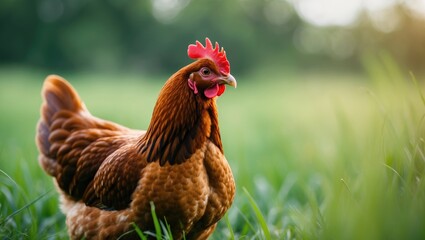 Fototapeta premium A brown hen standing in a lush, green field, representing the core of rural life and organic farming. Perfect for depicting natural, healthy, and free-range poultry.