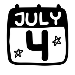 Cute Happy 4th of july united states of America national independence day calendar date icon text word black and white typography hand drawn doodle stars kids illustration design clipart png