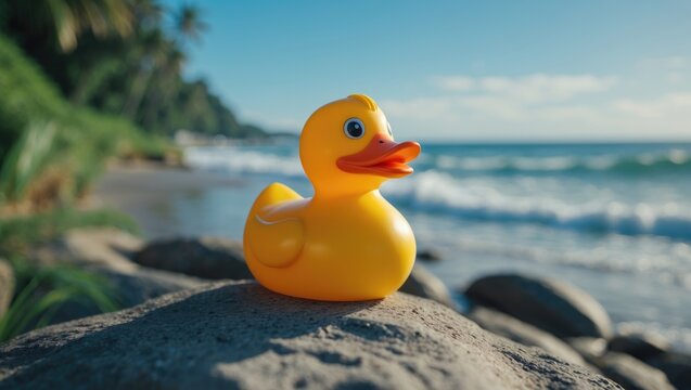 A yellow rubber duck on a rock by a tropical beach with ocean waves and palm trees.