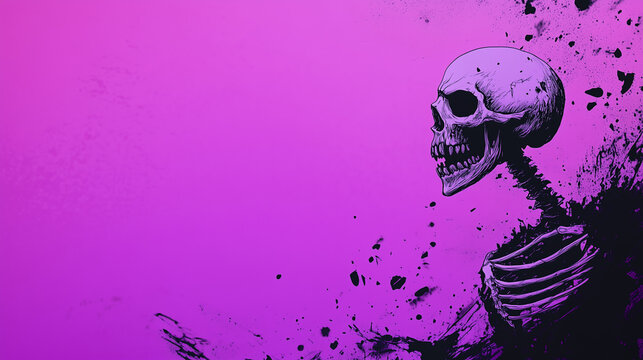 grunge skull illustration on vibrant purple background with ink splatter, perfect for rock band posters, halloween flyers, edgy apparel prints, or alternative event promotions