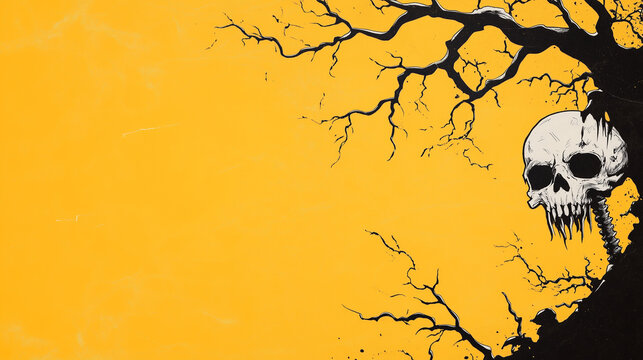 grunge skull illustration on vibrant yellow background with ink splatter, perfect for rock band posters, halloween flyers, edgy apparel prints, or alternative event promotions