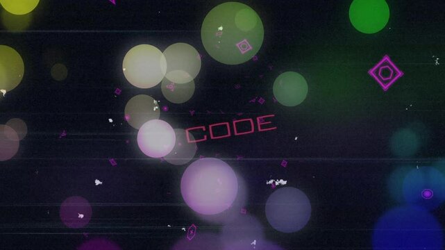 Glitch initiating magenta streaks through bokeh circles in digital space, CODE pulsing fading out