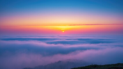 Fototapeta premium Beautiful sunset sky above clouds with dramatic light, panoramic mountain and dramatic sky sunset background, nature in twilight period, purple sky at sunset.