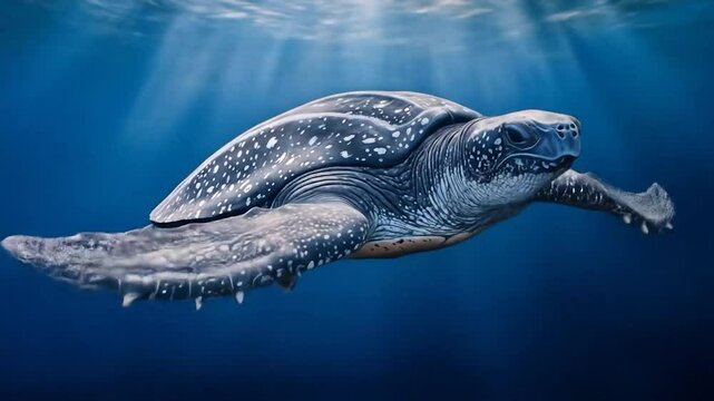Majestic Leatherback Turtle Gracefully Swims Through Sunlit Ocean Depths