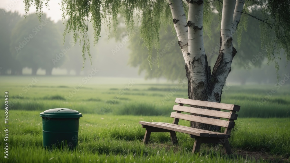 Poster a bench is placed in a field beside a trash can. the bench is unoccupied, and the trash can is overf