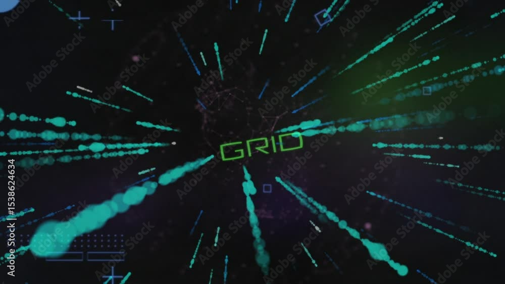 Poster pulsing network emitting green highlights and blue streaks in digital void, shapes and grid text