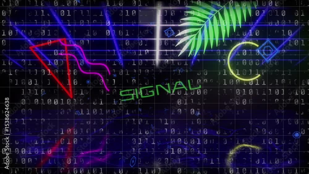 Poster streaming binary digits moving neon grid cyberspace, with triangle fern semicircle animating signal