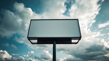 Blank wide white billboard set against a warm sunset sky. Sun beams piercing through dramatic clouds - mockup. White screen, advertising, consumerism, template, mockup, and copy space concept