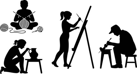 Crafting hobbies silhouette vector art illustration knitting painting pottery woodworking design creative skill editable stock vector illustration