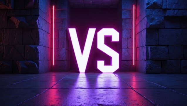 Glowing neon purple versus red circles on podiums against a black background. Abstract spherical electric light frames. Geometric fashion design vector illustration. Minimal rings with vs symbol.