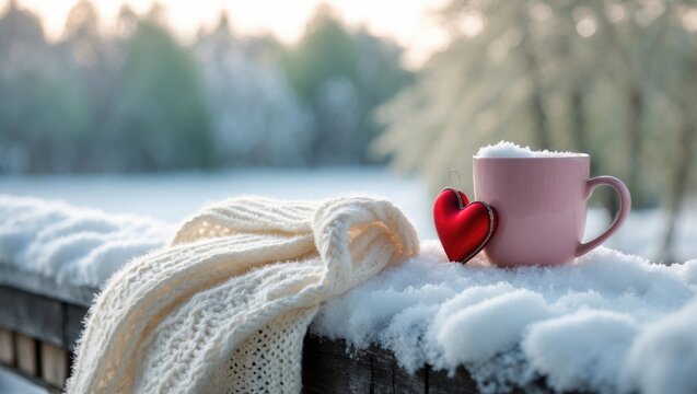 Cup with red heart and a hot drink wrapped in a scarf in the snow. Romantic morning breakfast for Valentines day concept set against a snowy forest background. Hello February. Vintage red.