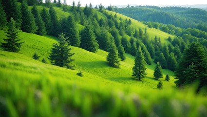 Emerald green meadows dotted with pine trees slope softly in a peaceful mountain landscape. Nature background, copy space. Uludag mountain hillside, Bursa, Turkiye (Turkey)