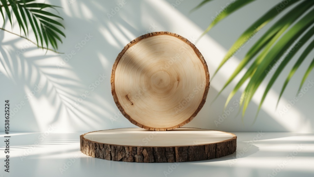Poster eco rustic pine tree wood disc platform podium and tropical leaf on white light and shadow copy spac