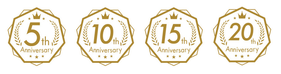 シンプルフラットなモノクロのアニバーサリーロゴセット(5周年 10周年 15周年 20周年 25周年 30周年 お祝い 周年記念 イベント 設立記念 anniversary celebration logo ベクター 編集可能)