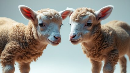 Obraz premium Two adorable lambs embracing on a white background
