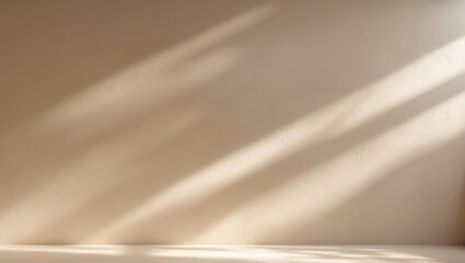 Close-up of beige plain wall background texture with leaf shadow from sunlight through window for ads and advertisement products such as cosmetics, content, or goods design banner display concept
