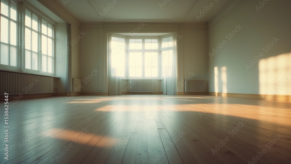 Poster blurred background of a spacious and bright interior of an empty warehouse, showcasing large windows