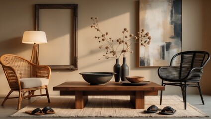 Creative arrangement of warm living room interior featuring a mock-up poster frame, stylish lamp, rattan armchair, beige rug, vase with branch, and personal accessories. Home decor.