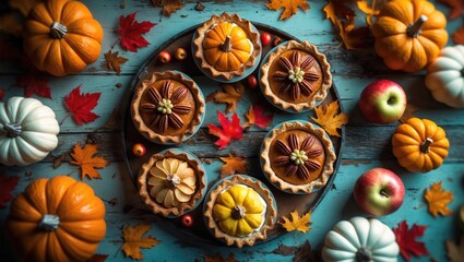 Autumn-inspired dessert platter featuring pumpkin, apple, and pecan treats on a dark wooden table with leaves and seasonal decorations