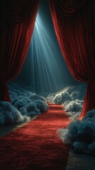 Enchanted red carpet leading through misty clouds with dramatic lighting and velvet curtains in a theatrical setting