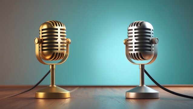 Golden and silver retro microphones on table front against gradient mint green background. Vintage old style filtered photo