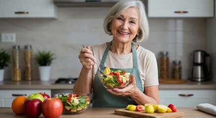 Portrait, fruit and apple salad with an older woman in her home kitchen for health, diet or nutrition.