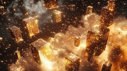 Floating golden cityscapes in a cloudy cosmos.