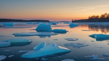 Frozen lake divided by ongoing ferries, showcasing a mesmerizing color contrast between the ice and sunset hues.