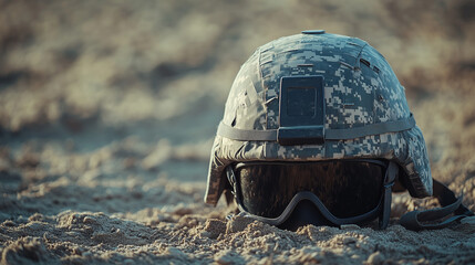 Fototapeta premium Military Helmet and Goggles Resting on Sandy Terrain During a Training Exercise