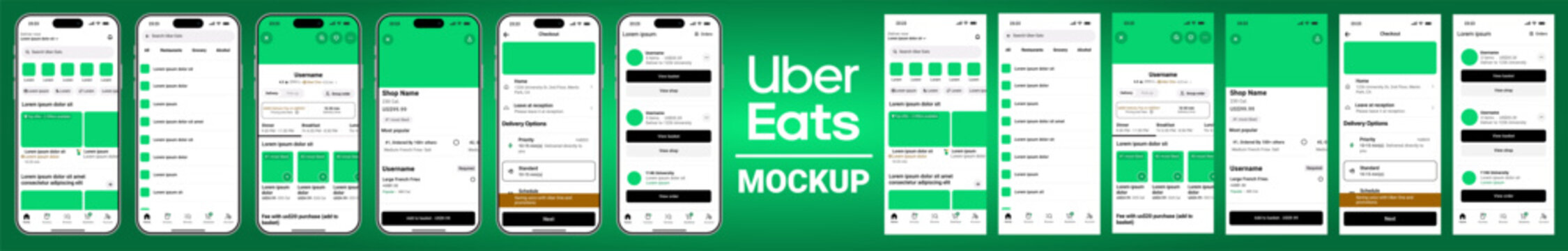 Uber Eats app interface with real-time delivery tracking, restaurant menu, and order screen in modern food layout.