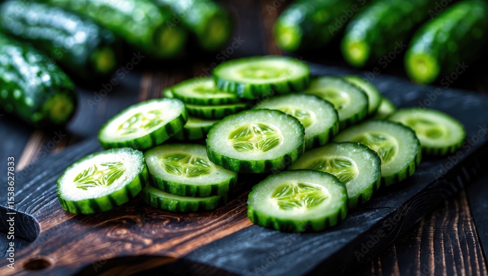 Poster fresh cucumbers sliced on a dark background.