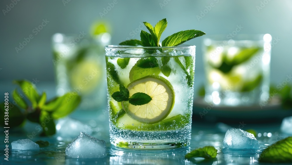 Poster fresh lime cocktail with ice cubes on grey background can be paraphrased as refreshing lime drink wi