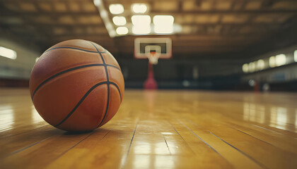 Orange basketball sits wooden court. Sports equipment in basketball hall, net, backboard in background. Basketball game, competition. Championship, sport recreation